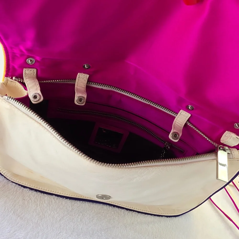 Kooba Leather Oversized Clutch Bag Cream with Multicolor Piping Wristlet Strap